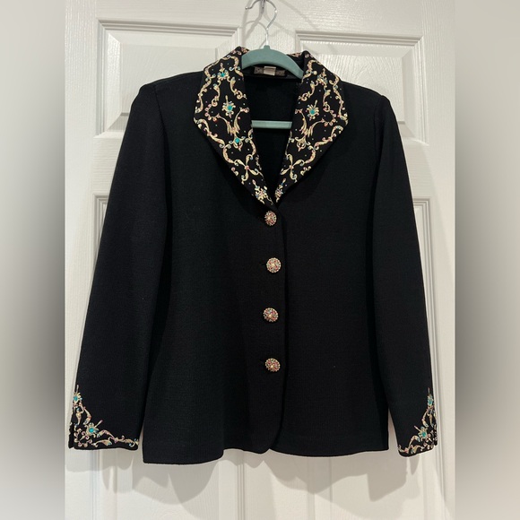 ST JOHN EVENING BLACK KNIT JACKET W/ RHINESTONES/Embroidery size 12